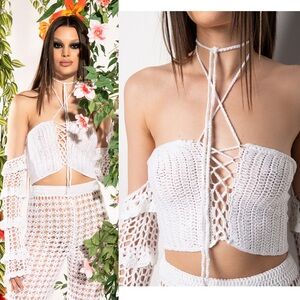 NWT AKIRA Resort Bahamas Mood Crochet Top - White Lace-Up Crop - Medium